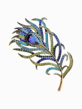 Peacock Feather Rhinestone Encrusted Brooch Modern New Gold Tone